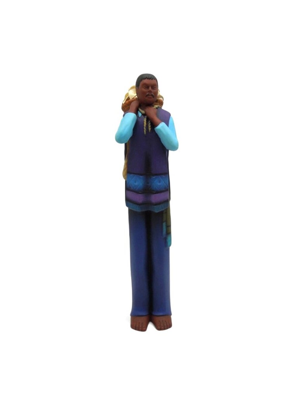 MEXICAN Folk Art CLAY Man With Lillies Flower Basket On His Back Figurine 15"